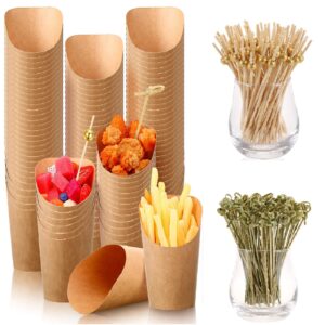 500 pcs disposable charcuterie cups with cocktail picks set, 100 pcs 12 oz kraft brown appetizer cups french fry holder popcorn ice cream paper cones for food containers with 400 pcs bamboo skewers