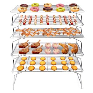 teamfar cooling rack, 5-tiers stainless steel baking cooling wire rack for baking roasting cooking, healthy & firmly weld, stackable & collapsible, dishwasher safe, 15”x10”