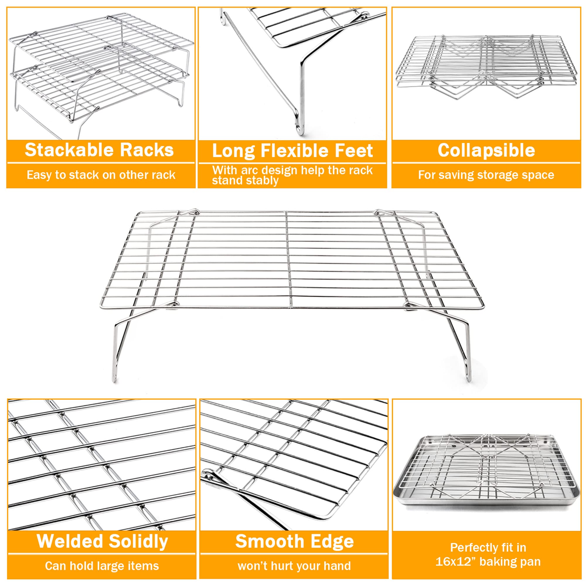 TeamFar Cooling Rack, 5-Tiers Stainless Steel Baking Cooling Wire Rack for Baking Roasting Cooking, Healthy & Firmly Weld, Stackable & Collapsible, Dishwasher Safe, 15”x10”