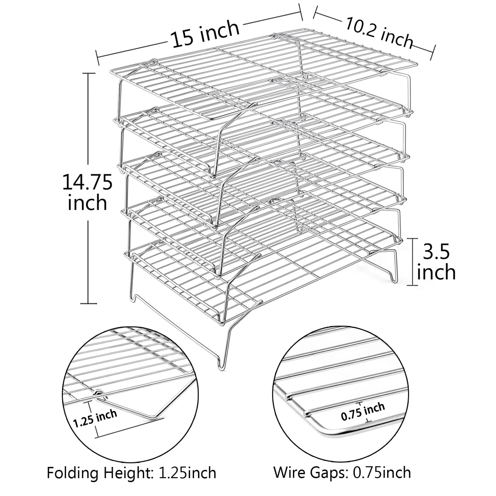 TeamFar Cooling Rack, 5-Tiers Stainless Steel Baking Cooling Wire Rack for Baking Roasting Cooking, Healthy & Firmly Weld, Stackable & Collapsible, Dishwasher Safe, 15”x10”