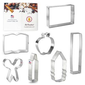 Foose Brand Back To School Teacher Appreciation Cookie Cutter 7 Pc Set –School Book, Ruler, Crayon, Scissors, Rectangle, apple, and pencil Cookie Cutters Hand Made in the USA from Tin Plated Steel