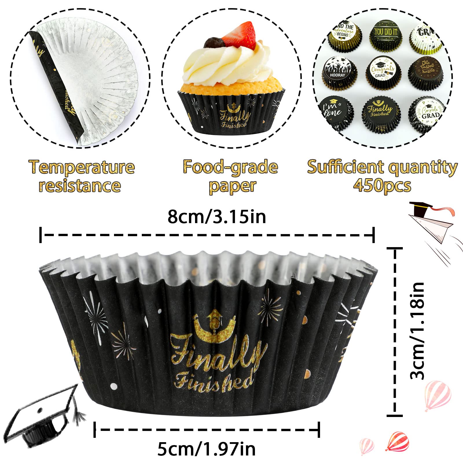 Graduation Cupcake Liners, SANNIX 450pcs Congrats Grad Baking Cups 2023 Cupcake Wrappers Paper Wraps Muffin Liners for Graduation Birthday Party Candy Cake Decorations Supplies (9 Designs)