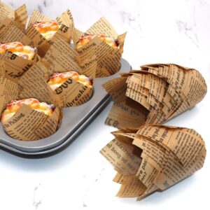 150pcs Tulip Cupcake Liners Baking Cups Muffin Liner Grease-Proof Paper Cupcake Wrappers for Wedding, Birthday Party, Standard Size (Natural Newspaper Printed)
