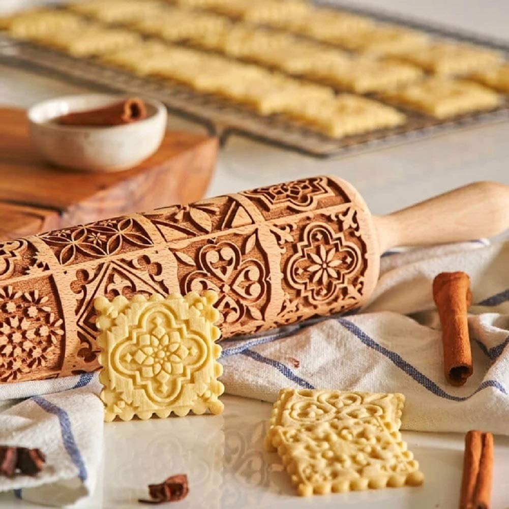 Embossed Rolling Pin,Rolling Pins for Baking,Xmas Christmas Wooden Rolling Pin, Deep Engraved Embossing Rolling Pin Kitchen Decor Tools for Baking Embossed Cookies (Window Grilles)