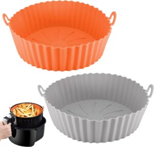 large 8 inch 2 pack air fryer silicone liners pot, round silicone air fryer basket baking tray, apply to 3.2-6.5 qt airfryer, reusable cooking oven insert accessories(orange and gray)