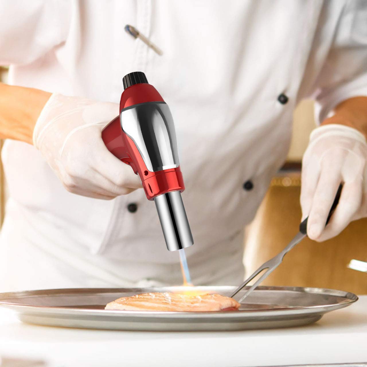 ZEBRE Butane Torch, Refillable Culinary Torch Kitchen Blow Torch Lighter with Adjustable Flame for Desserts, Creme Brulee, BBQ and Baking (Butane Gas Not Included) (Red)
