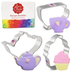 tea party cookie cutters 3-pc. set made in the usa by ann clark, teapot, teacup, cupcake