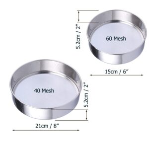 Sieve Fine Mesh, Stainless Steel Round Sifter for Baking, Flour Sieve, 8 Inch 40 Mesh and 6 Inch 60 Mesh, 2PCS