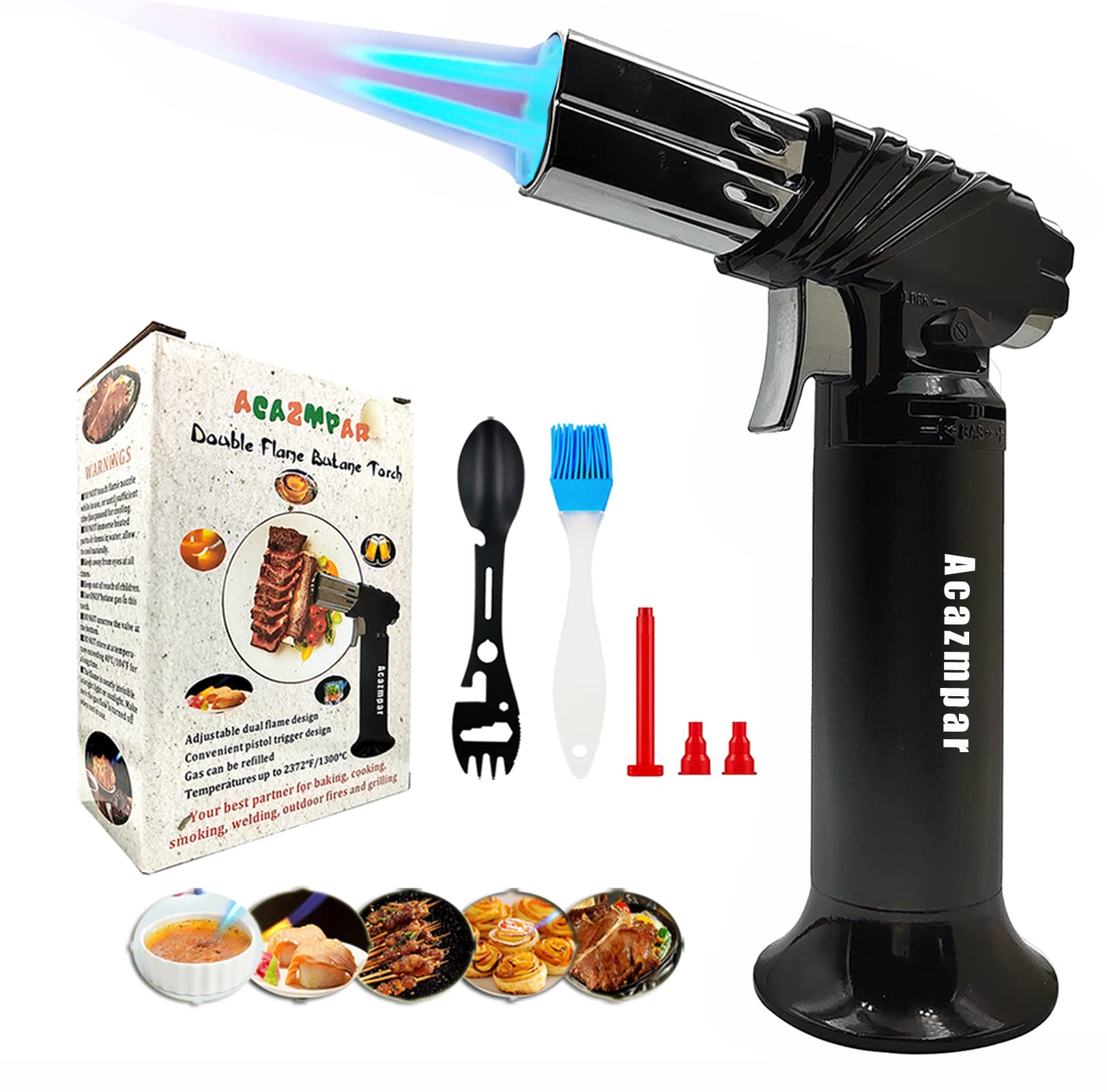 Double flame Butane Torch Without Butane Fuel, Refillable Kitchen Torch Lighter, Cooking Torch with Safety Lock Adjustable Flame, BBQ Baking Tools for Desserts Creme Brulee, diy soldering and camping