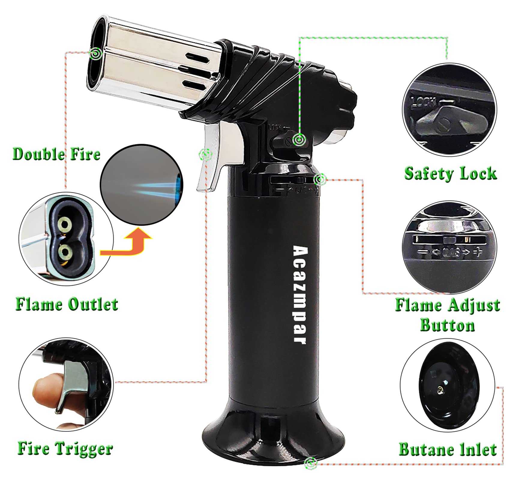 Double flame Butane Torch Without Butane Fuel, Refillable Kitchen Torch Lighter, Cooking Torch with Safety Lock Adjustable Flame, BBQ Baking Tools for Desserts Creme Brulee, diy soldering and camping