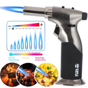 Butane Torch, Premium Double Flame Big Kitchen Torch Lighters with Safety Lock Adjustable Refillable Multipurpose Culinary Blow Torch for Creme Brulee, Baking, BBQ (Butane Gas Not Included) (black)