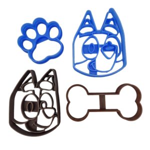 inspired by bluey cookie cutters. compatible with bluey-themed australian blue heeler cartoon character, sister bingo dog, paw and bone cookie cutters (4 pack)