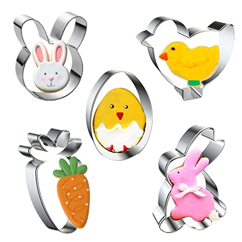 Easter Cookie Cutters, 5 Pieces Chick Carrot Egg Bunny Rabbite Shapes Cookie Cutters Stain Steel Sets Holiday Themed Party Supplies
