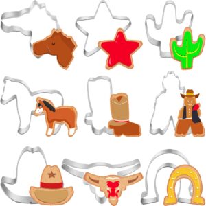 9 pieces cowboy cookie cutter set western cookie cutters, includes cow, star, horse, cowboy, boot, hat, cactus, horseshoe, horse head, stainless steel cookie cutter for baking decorative food diy