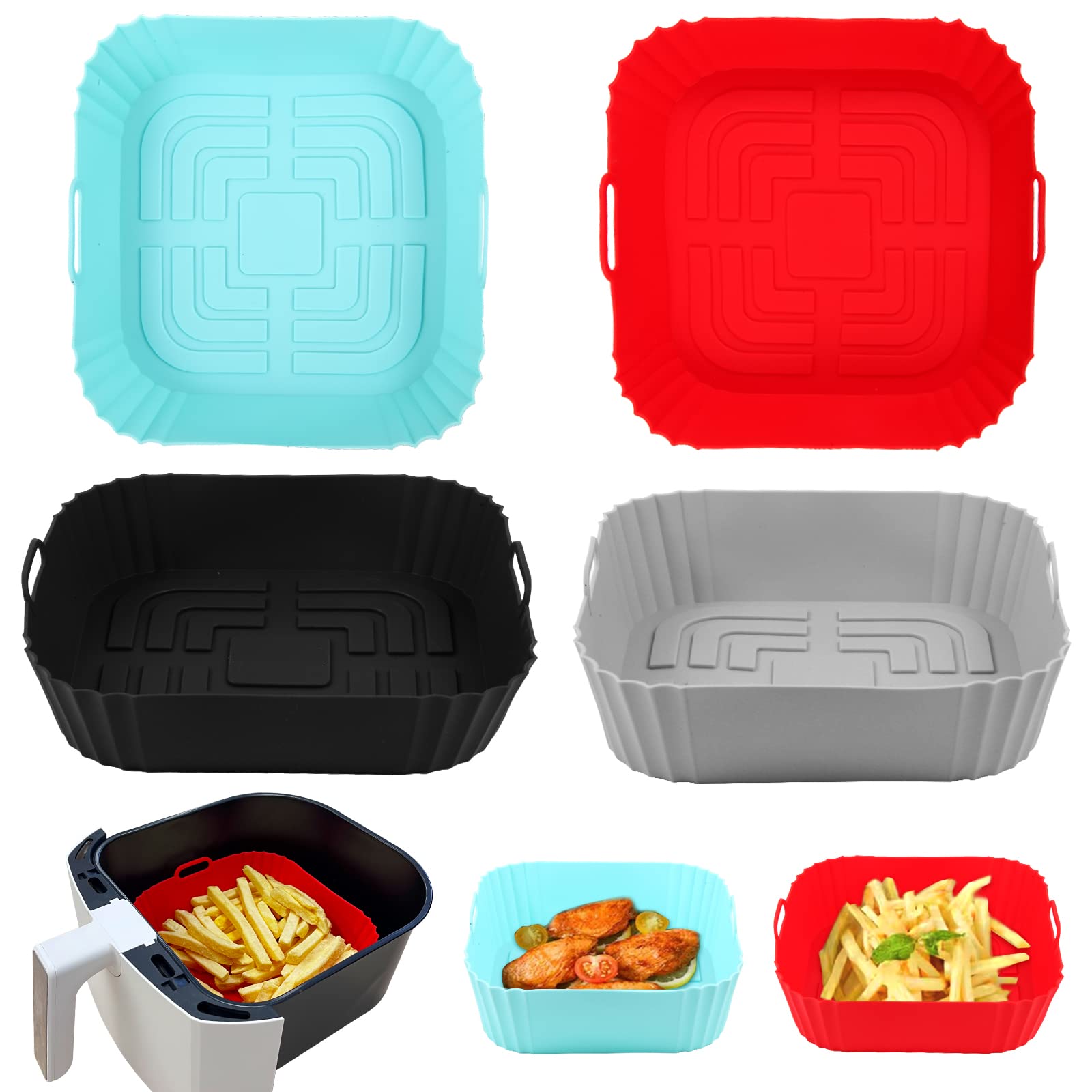 4 Pack Square Silicone Air Fryer Liners for 4-7 QT Air Fryers, Reusable Air Fryer Silicone Liners, Heat-Resistant Air Fryer Liners Silicone Material, BPA Free and Dishwasher Safe