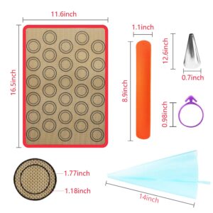 Macaron Silicone Baking Mats, Jsdoin Reusable Nonstick Macaron Parchment Paper, Baking Supplies Set, Include 2 Sheet Macaron Parchment Paper(16"x11.8"), 12 Piping Tip, 2 Piping Bag and 2 Bag Tie