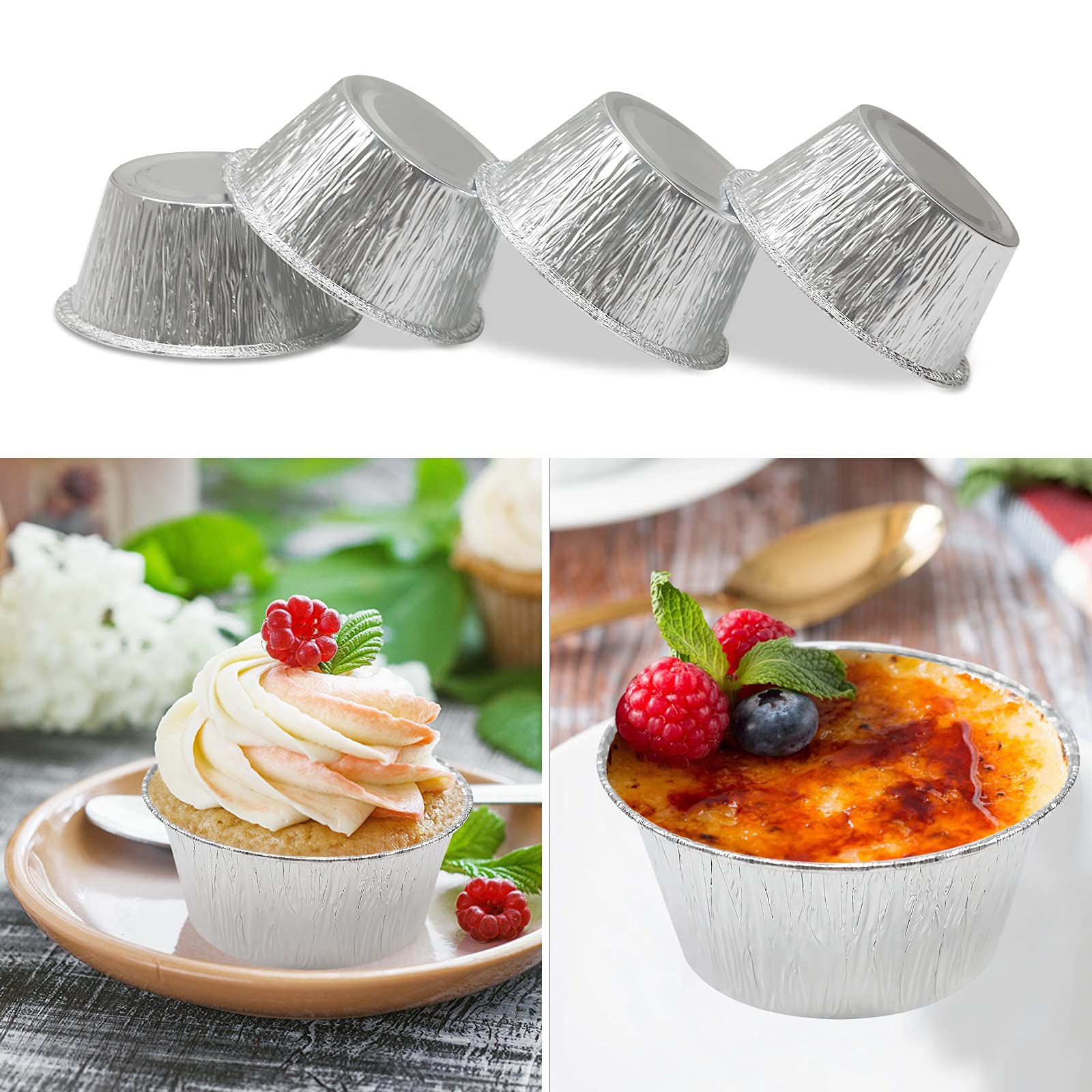 Aluminum Foil Baking Cups, 200 Pack Disposable 4 Oz Ramekins Aluminum Cupcake Muffin Liners Silver Foil Baking Cups for Cupcake, Muffin, Creme Brulee, Egg Tart, Souffle, Pudding