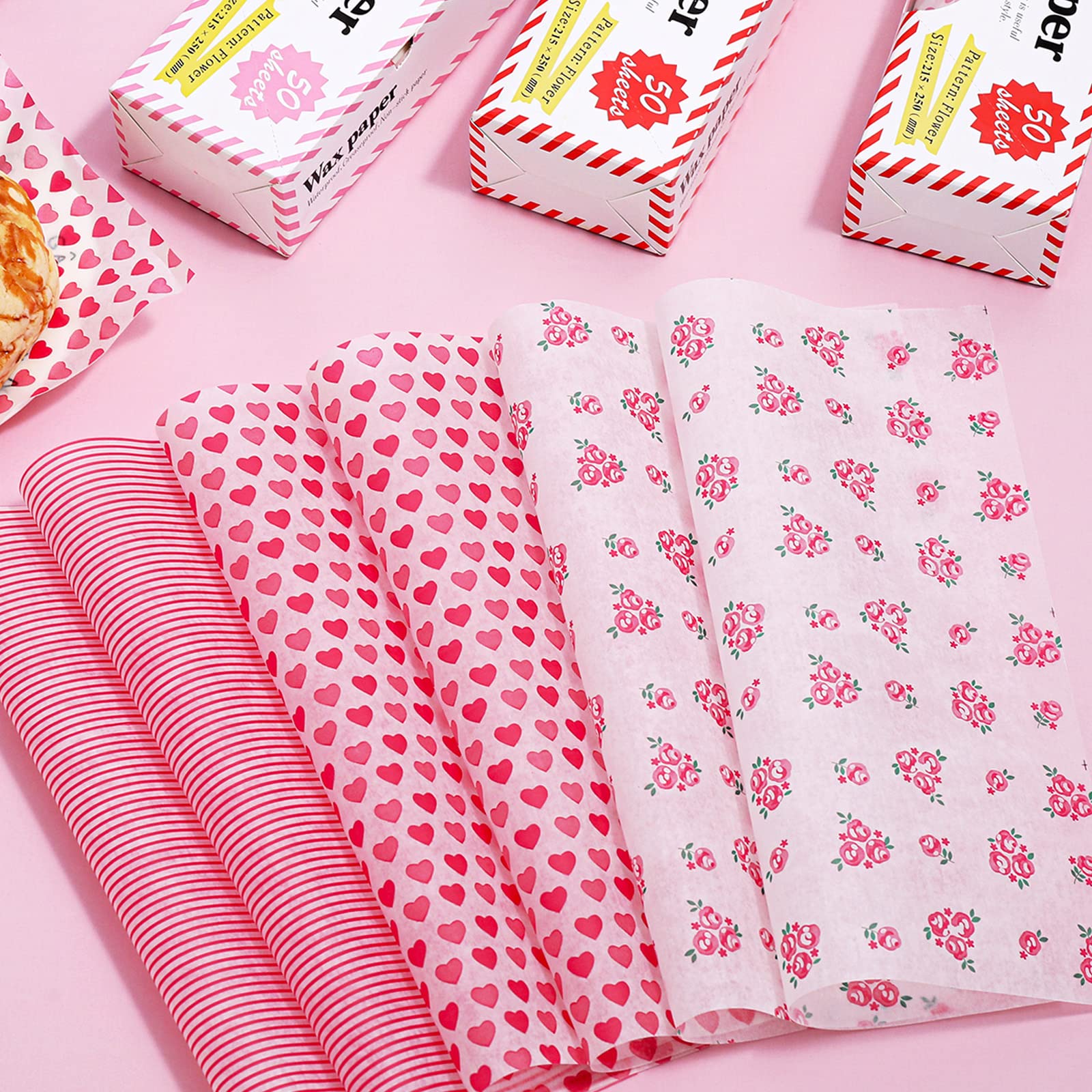 Whaline 150Pcs Valentine's Day Wax Paper Sheets Heart Rose Stripe Pink Food Picnic Paper Greaseproof Waterproof Wrapping Tissue for Food Deli Hamburger Sandwich Valentine's Day Cooking Frying