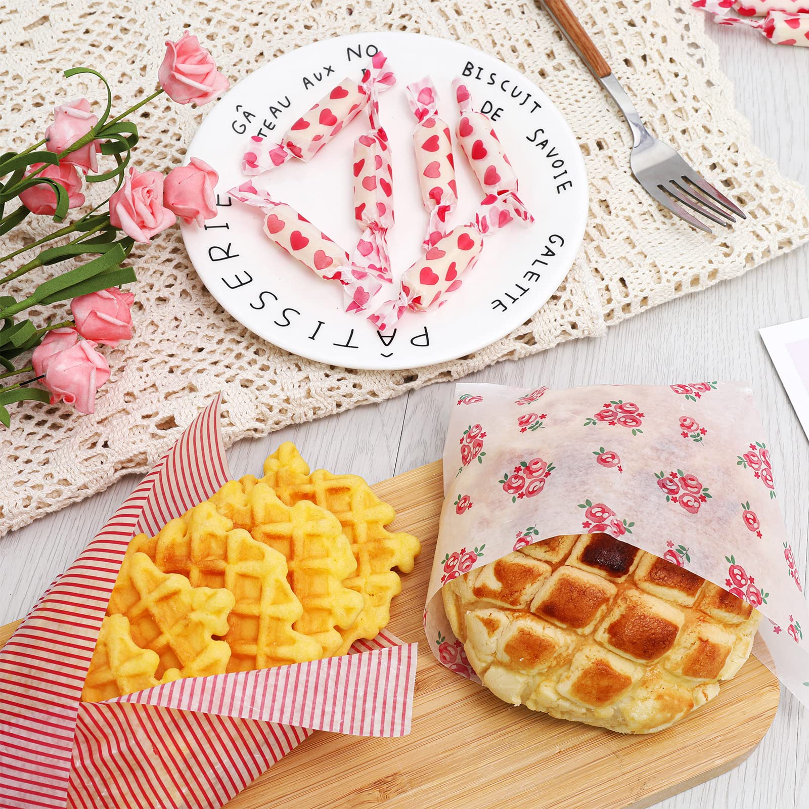 Whaline 150Pcs Valentine's Day Wax Paper Sheets Heart Rose Stripe Pink Food Picnic Paper Greaseproof Waterproof Wrapping Tissue for Food Deli Hamburger Sandwich Valentine's Day Cooking Frying