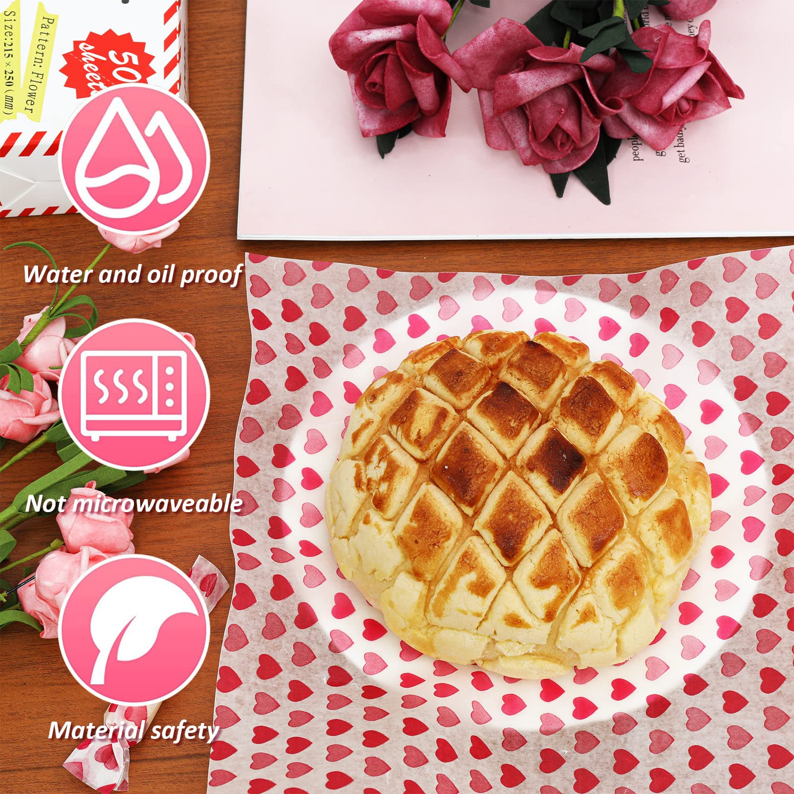 Whaline 150Pcs Valentine's Day Wax Paper Sheets Heart Rose Stripe Pink Food Picnic Paper Greaseproof Waterproof Wrapping Tissue for Food Deli Hamburger Sandwich Valentine's Day Cooking Frying