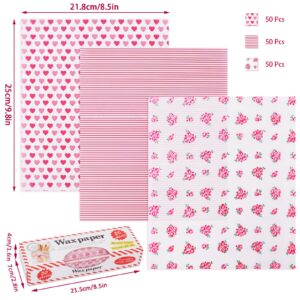 Whaline 150Pcs Valentine's Day Wax Paper Sheets Heart Rose Stripe Pink Food Picnic Paper Greaseproof Waterproof Wrapping Tissue for Food Deli Hamburger Sandwich Valentine's Day Cooking Frying