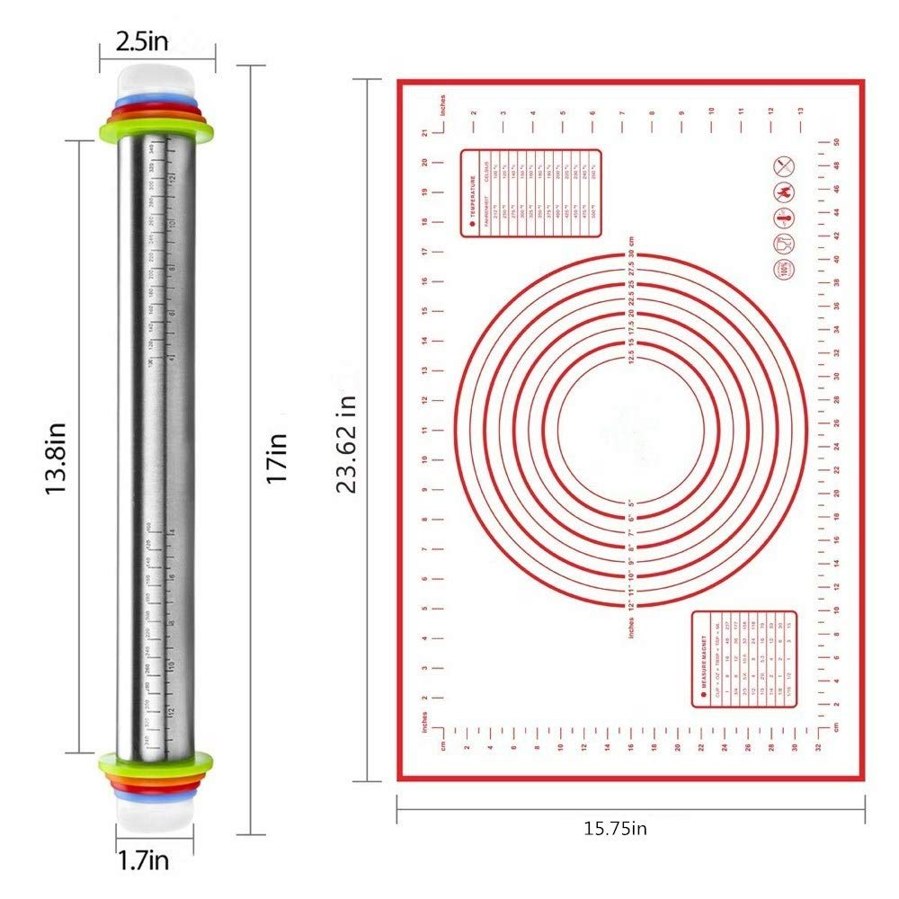 Rolling Pin nonstick and Silicone Baking Pastry Mat combo kit, Adjustable Rolling Pin With Thickness Rings, Rolling Pin for Baking Fondant, Pizza, Pie, Pastry, Pasta, Dough, Cookies (red)