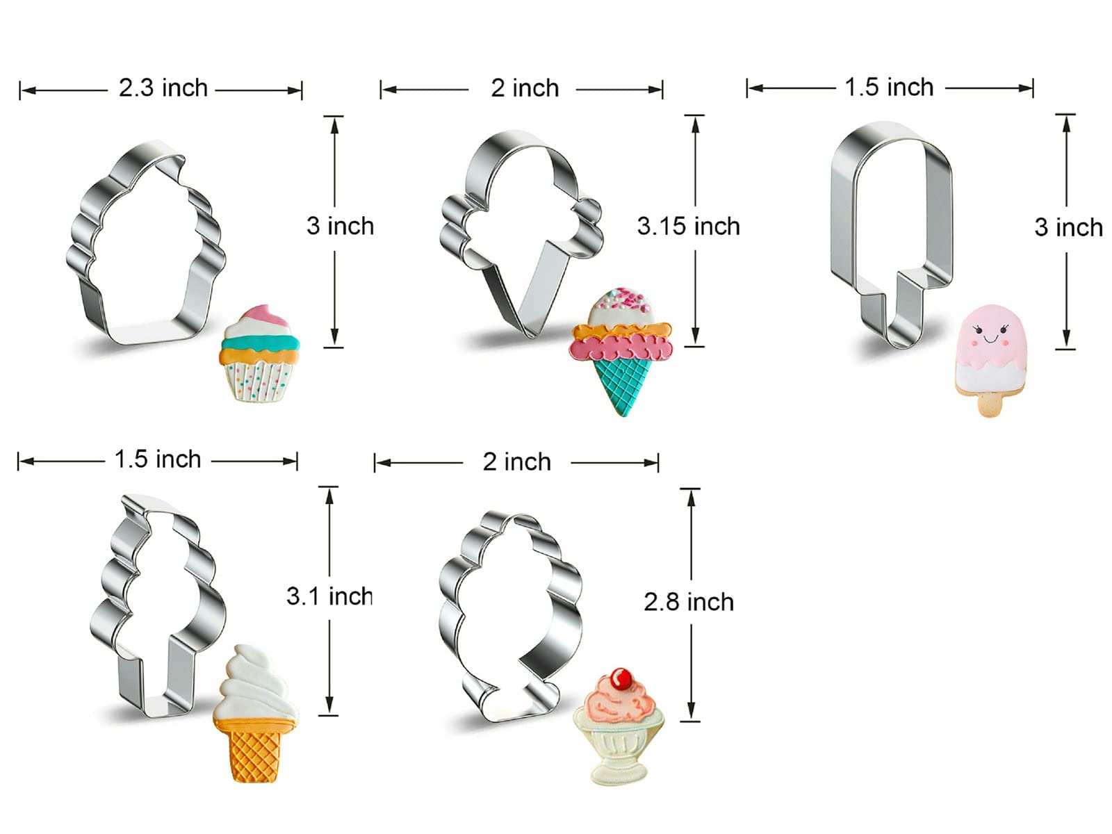 Summer Ice Cream Cookie Cutter Set 5-Piece Stainless Steel Metal Cookie Cutters Shapes Biscuit Molds with Ice Cream Cone, Soft Serve Cone, Popsicle, Ice Cream Sundae, Cupcake