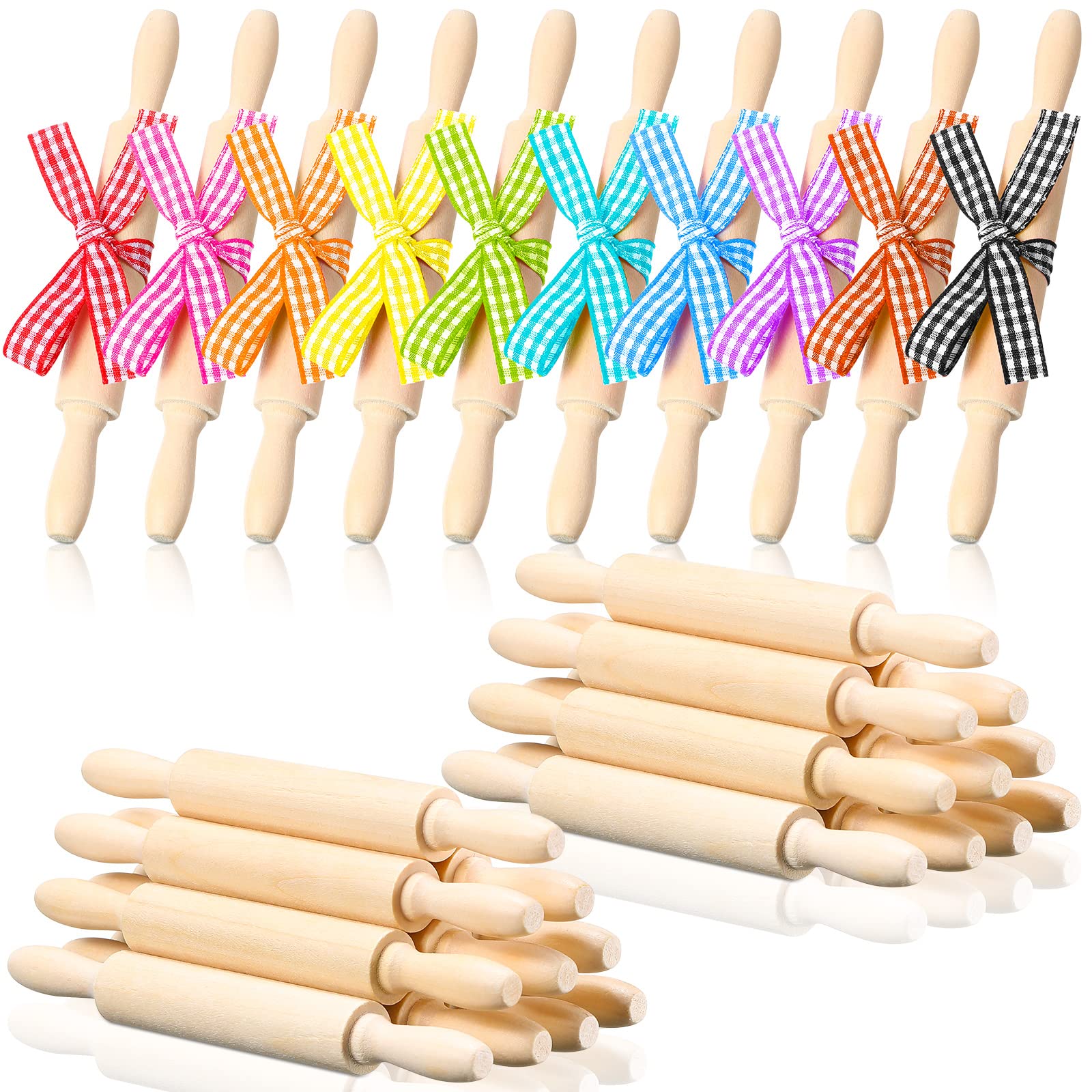 20 Pcs 5 Inch Wooden Mini Rolling Pin for Kids Child Small Rolling Pin Wooden Dough Roller with Plaid Ribbon for Kitchen Tools Children Fondant Pastry Pizza Cookie Crafting and Imaginative Play