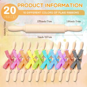 20 Pcs 5 Inch Wooden Mini Rolling Pin for Kids Child Small Rolling Pin Wooden Dough Roller with Plaid Ribbon for Kitchen Tools Children Fondant Pastry Pizza Cookie Crafting and Imaginative Play