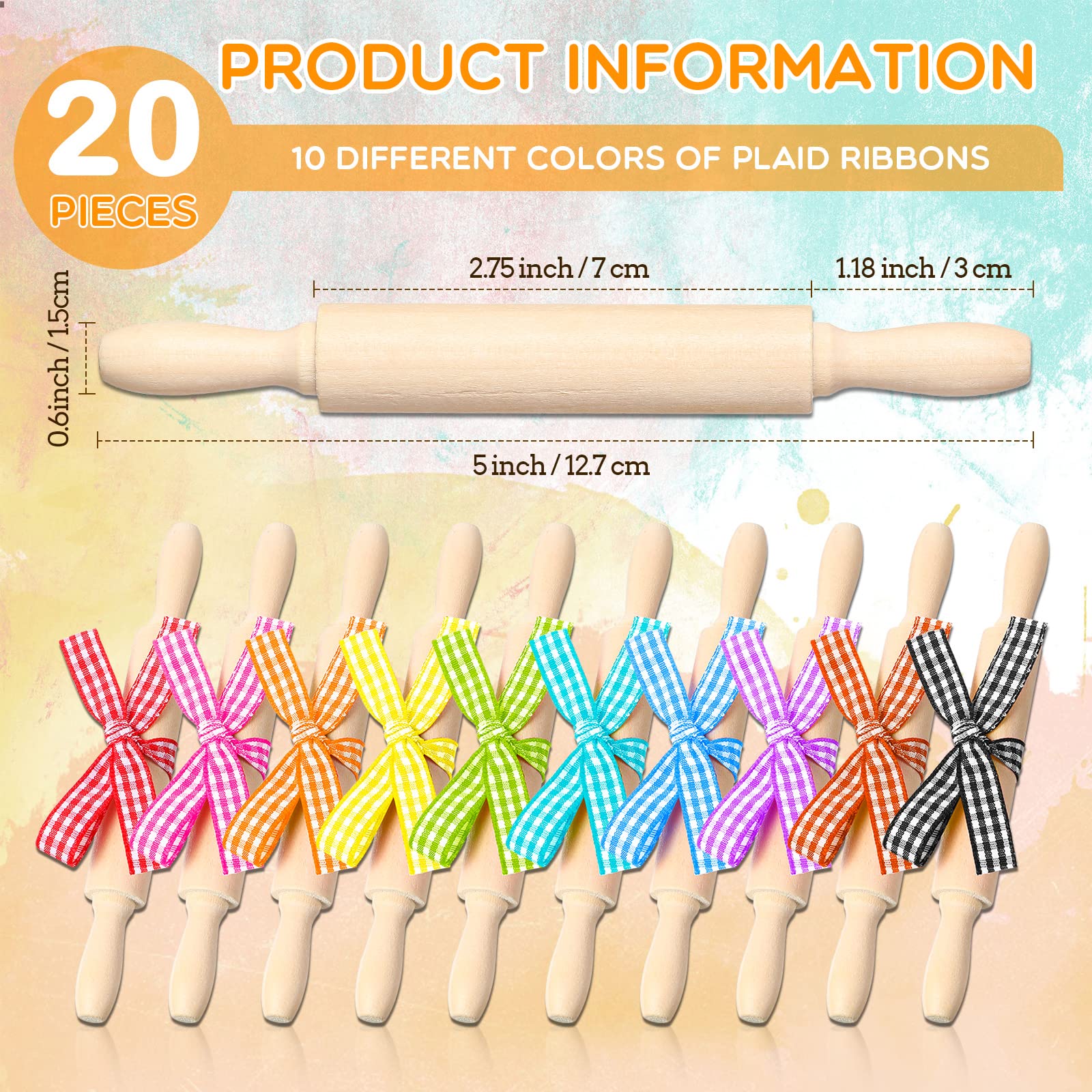 20 Pcs 5 Inch Wooden Mini Rolling Pin for Kids Child Small Rolling Pin Wooden Dough Roller with Plaid Ribbon for Kitchen Tools Children Fondant Pastry Pizza Cookie Crafting and Imaginative Play