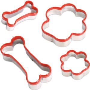 4 pcs dog bone and dog paw cookie cutters, dog treats cookie cutter, dog bone shapes cutters, homemade dog biscuit treats cutters, coated with soft pvc for protection