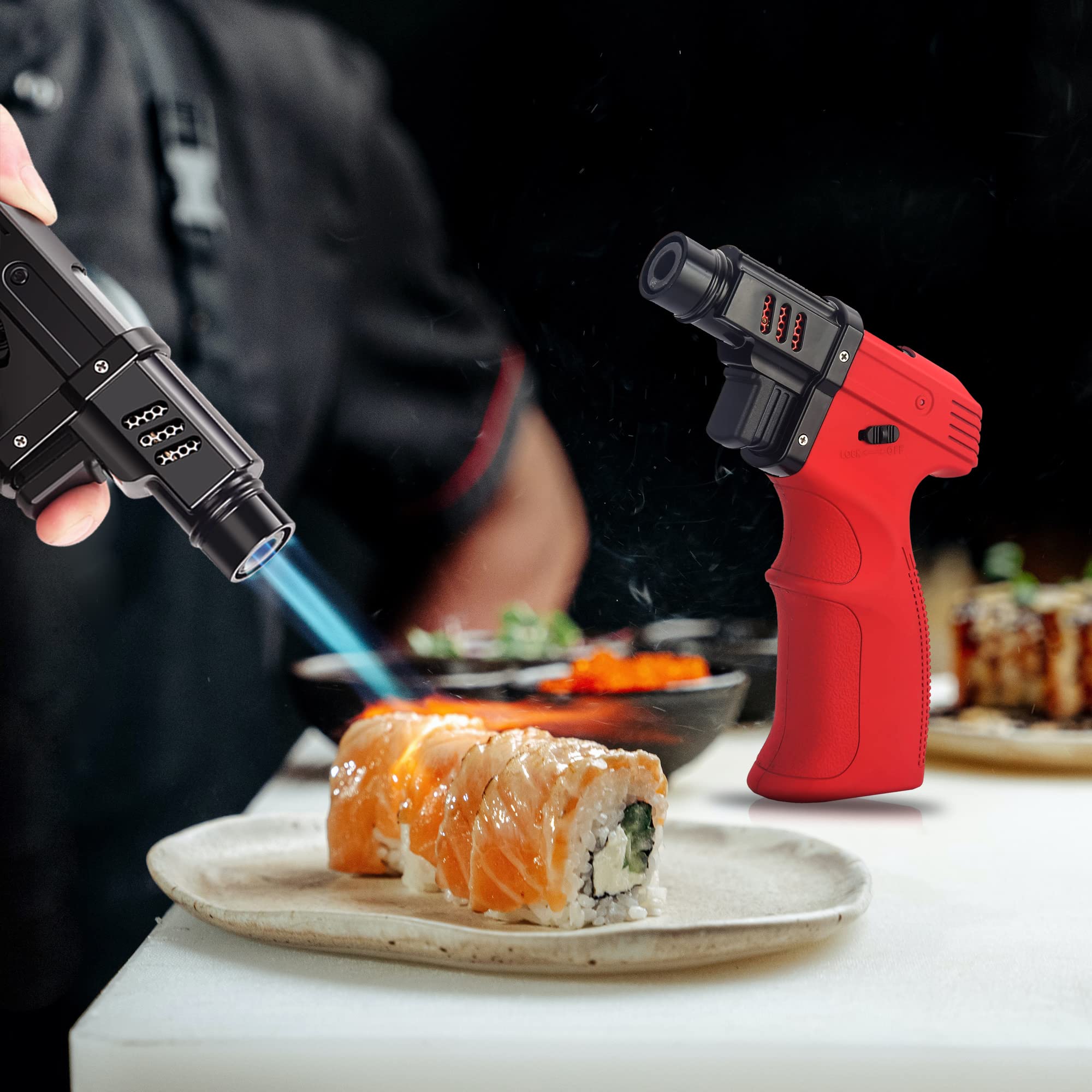 PROMISEButane Torch Lighter Gun Torch Blow Torch -Sleek Adjustable Butane Torch Adjustable Flame Lock Cooking Torch Cigar Lighter Lighter Camping Home Use Welding Chef etc (Black)