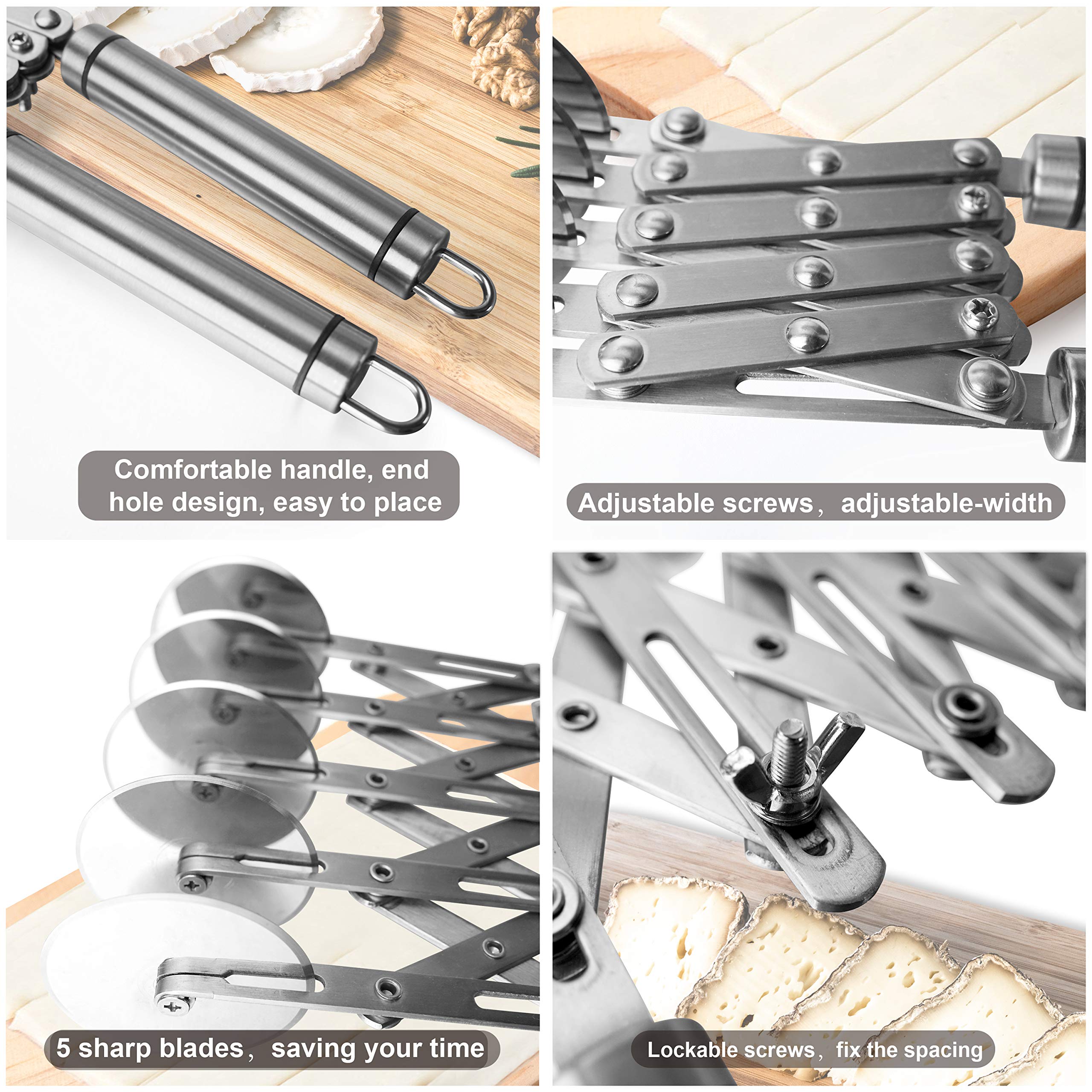 5 Wheel Pastry Cutter with Grinder Spaghetti Cutter Dough Roller Cutter Knife Stainless Steel Pizza Slicer Pasta Wheeling Cutter Attice Roller Adjustable Dough Divider with Handle
