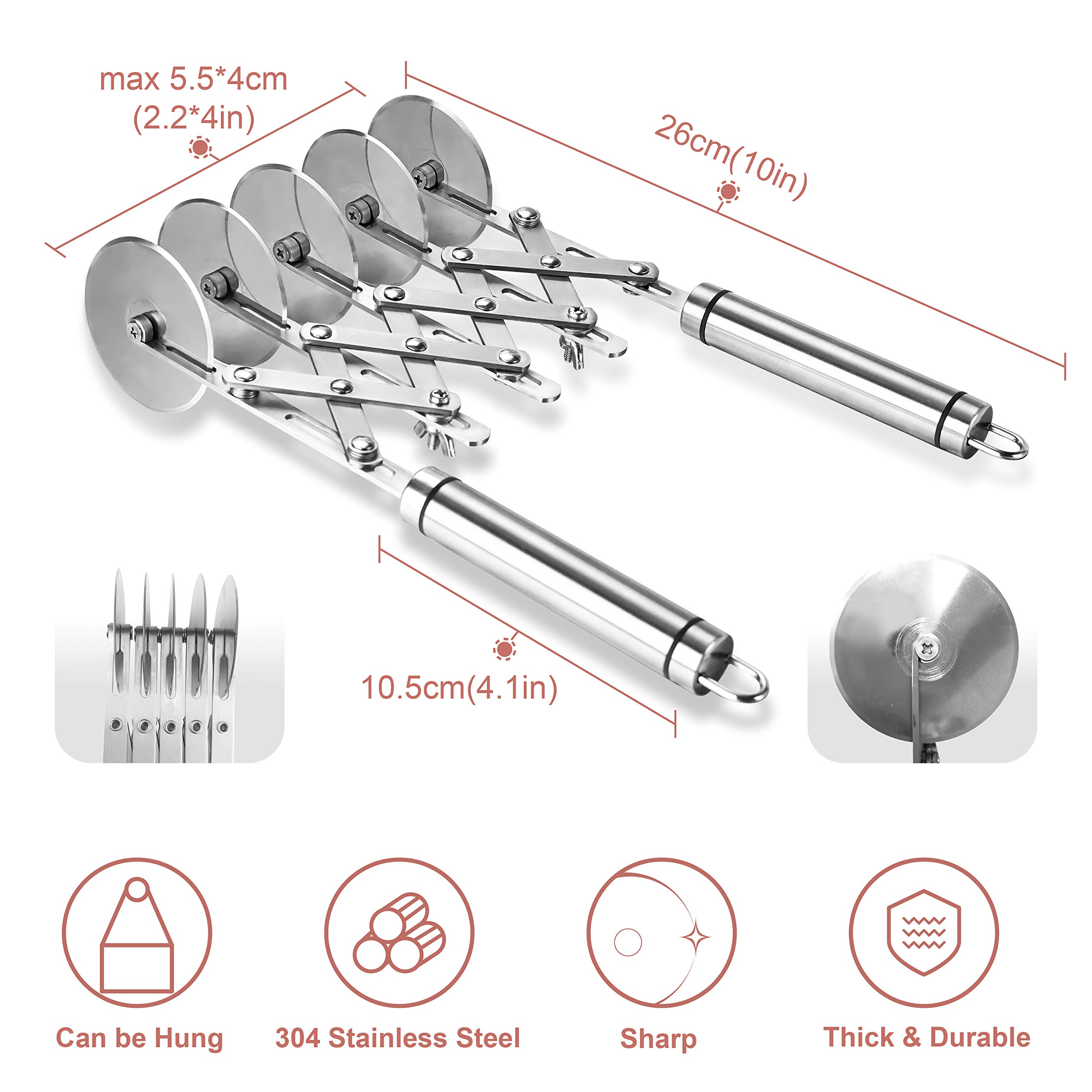 5 Wheel Pastry Cutter with Grinder Spaghetti Cutter Dough Roller Cutter Knife Stainless Steel Pizza Slicer Pasta Wheeling Cutter Attice Roller Adjustable Dough Divider with Handle