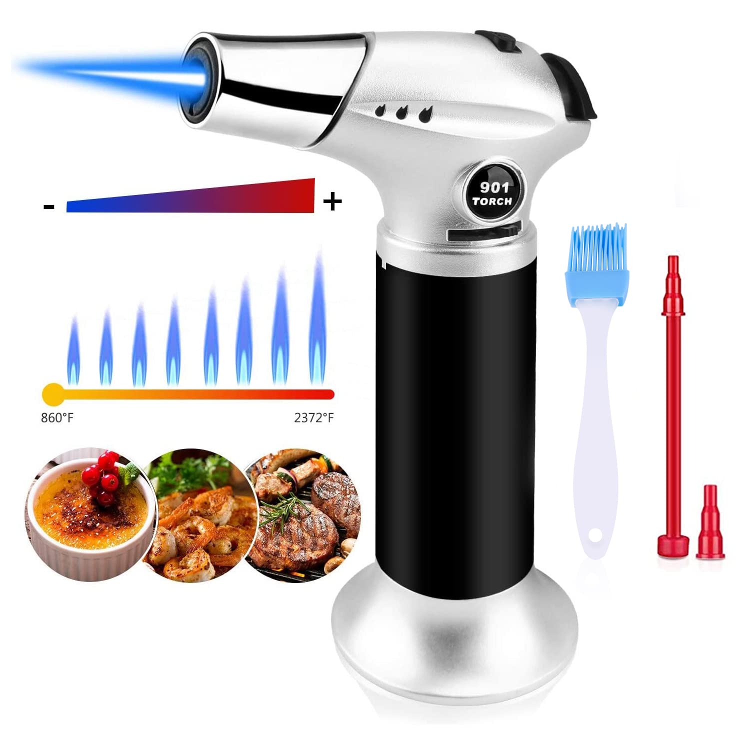 Blovec Butane Torch, Kitchen Blow Torch Cooking Torch Lighter Refillable with Security Lock and Adjustable Flame for Creme Brulee, Baking, BBQ, DIY Soldering (Butane Gas Not Included) (Silver)