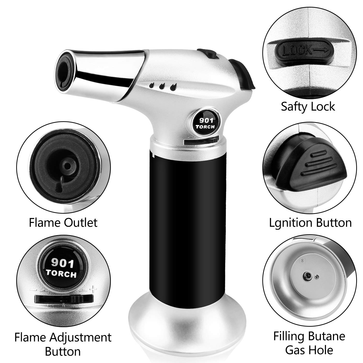 Blovec Butane Torch, Kitchen Blow Torch Cooking Torch Lighter Refillable with Security Lock and Adjustable Flame for Creme Brulee, Baking, BBQ, DIY Soldering (Butane Gas Not Included) (Silver)