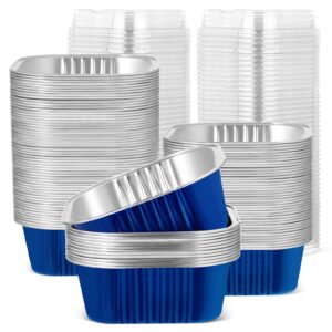 50 pcs aluminum foil baking cups with lids 10 oz square baking cups disposable ramekins with lids for flans snacks pudding pan tin wedding catering party favor (royal blue)