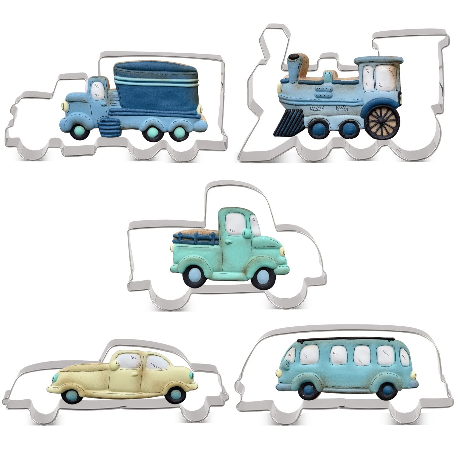 LILIAO Transportation Cookie Cutter Set - 5 Piece - Train, Truck, Pick-up Truck, Beat-up Car and Bus Fondant Cutters - Stainless Steel