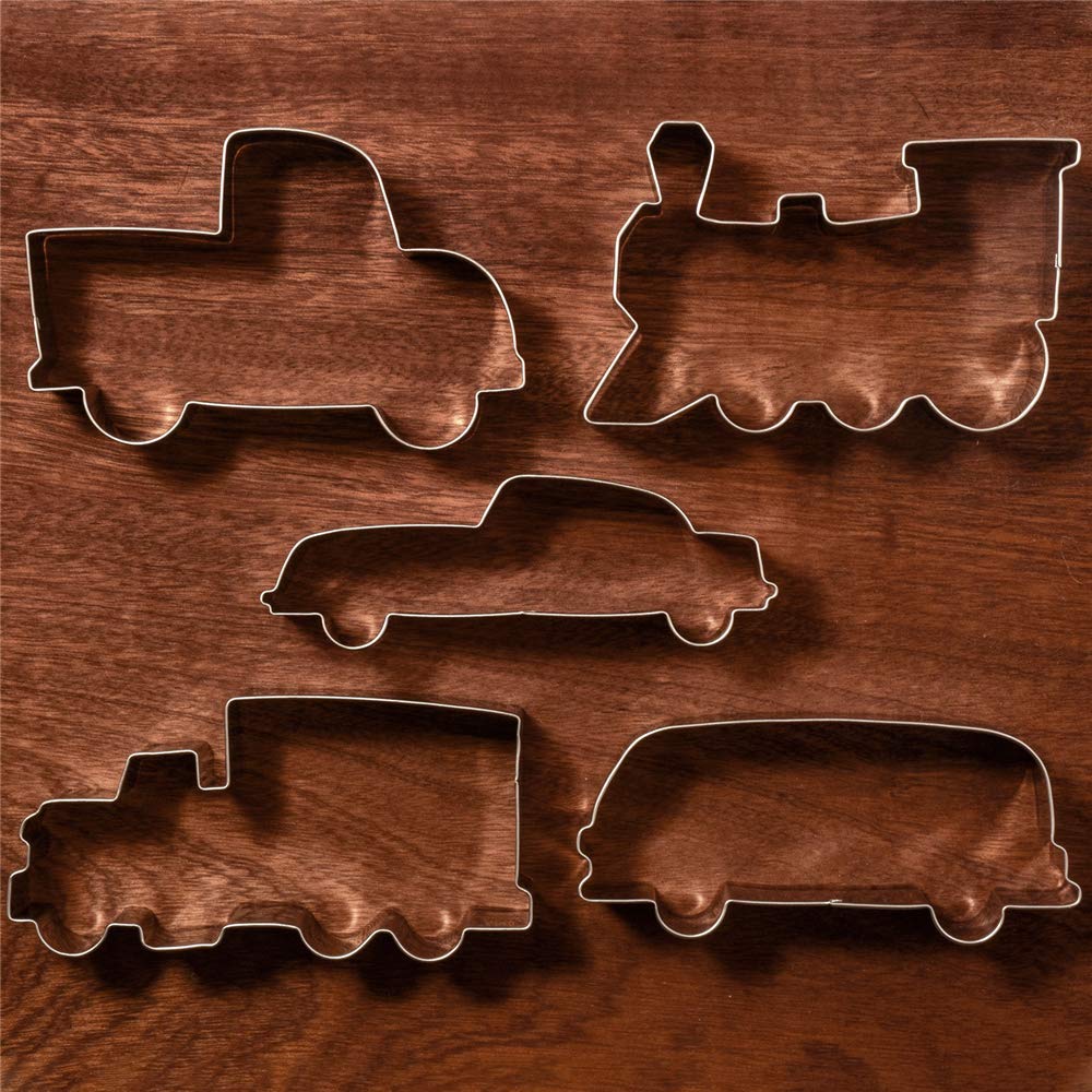 LILIAO Transportation Cookie Cutter Set - 5 Piece - Train, Truck, Pick-up Truck, Beat-up Car and Bus Fondant Cutters - Stainless Steel