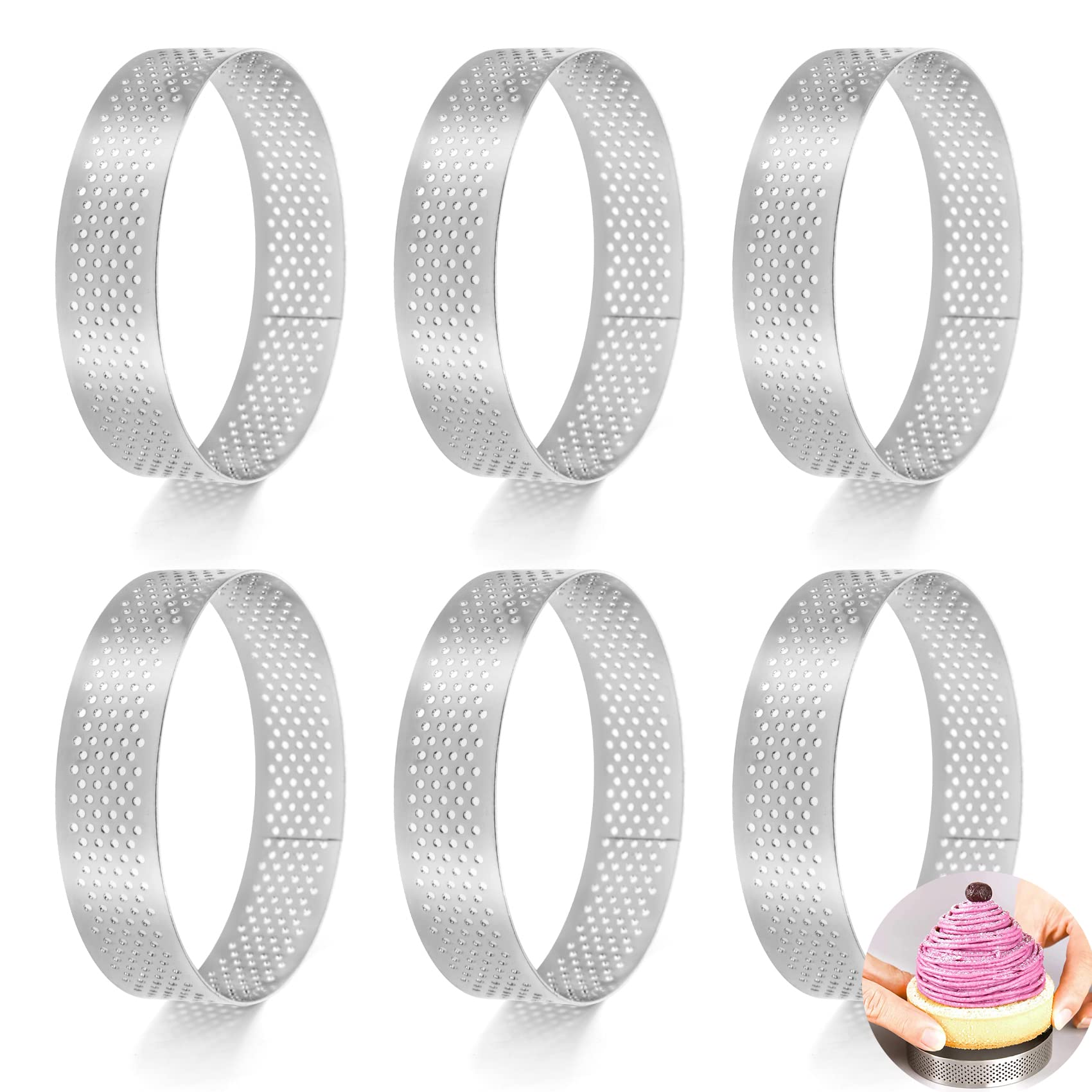 Wuden 6pcs Round Tart Ring Stainless Steel Porous Tart Bottom Tower Pie Cake Mould Heat-Resistant Perforated Cake Mousse 8cm