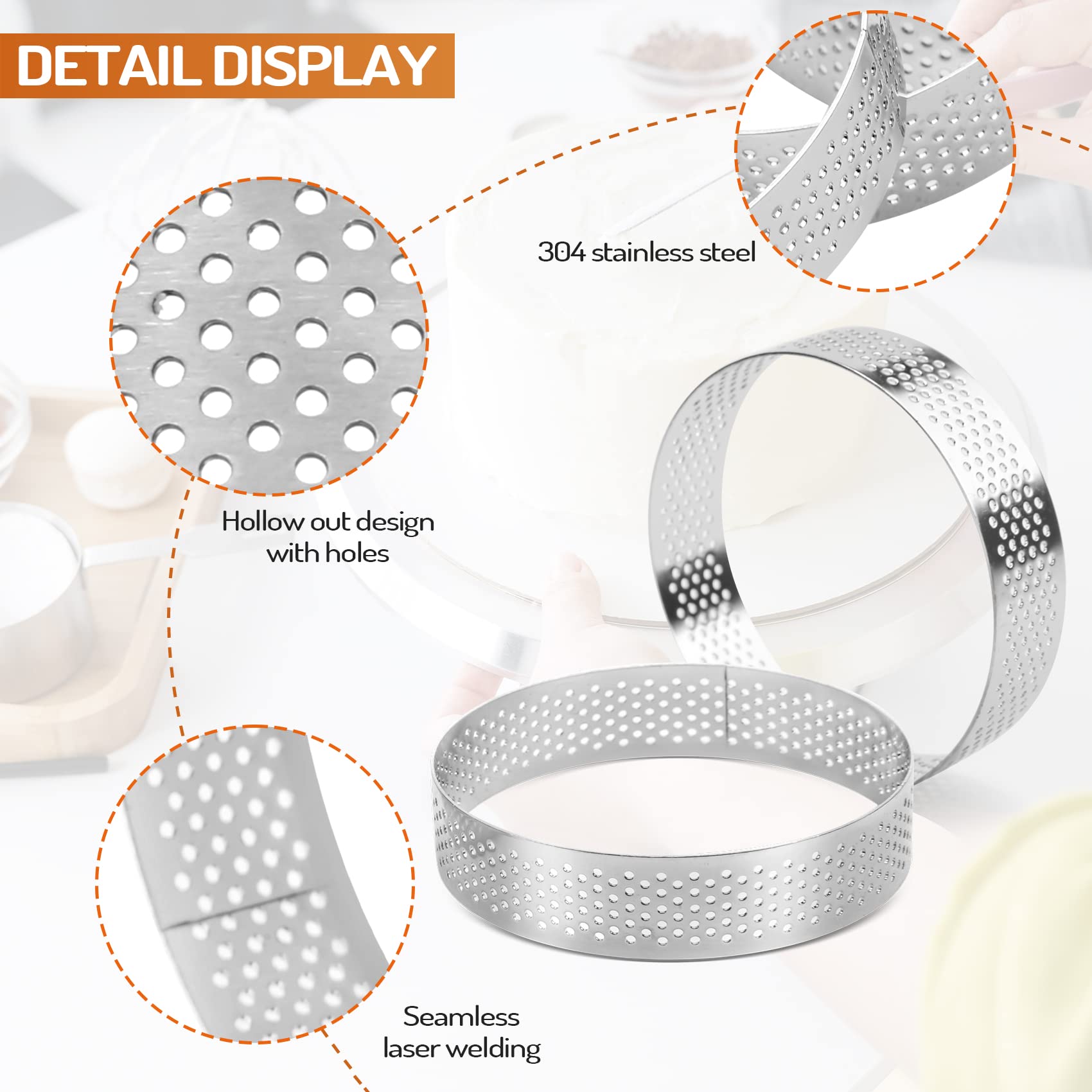 Wuden 6pcs Round Tart Ring Stainless Steel Porous Tart Bottom Tower Pie Cake Mould Heat-Resistant Perforated Cake Mousse 8cm