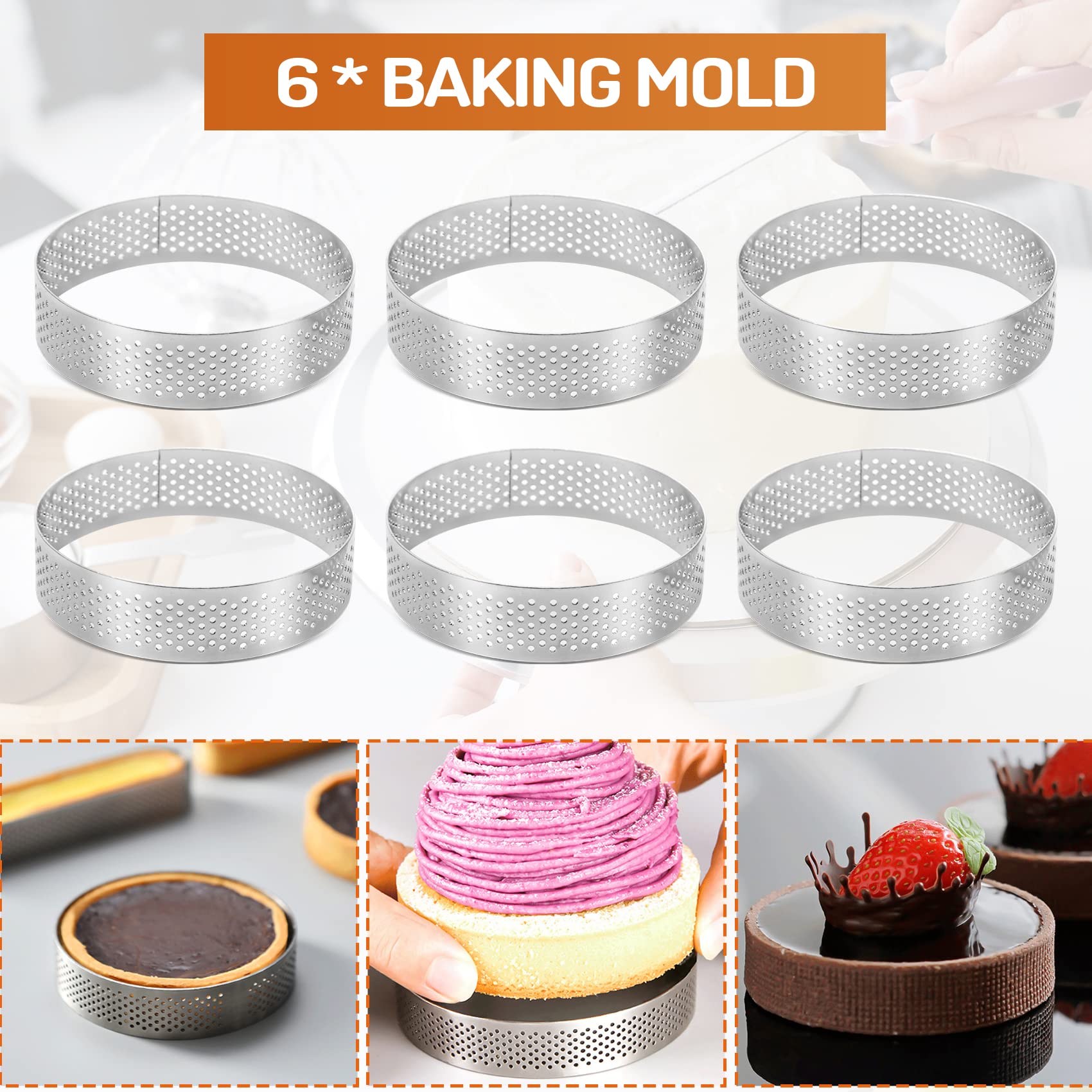 Wuden 6pcs Round Tart Ring Stainless Steel Porous Tart Bottom Tower Pie Cake Mould Heat-Resistant Perforated Cake Mousse 8cm