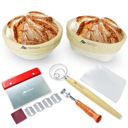 TNTECO Banneton Bread Proofing Basket Set of 2, 9 Inch Round & 10 Inch Oval Rattan Sourdough Proofing Basket with 5 Bread Lame, Scoring Lame, Scraper, Dough Whisk, Cloth Liner