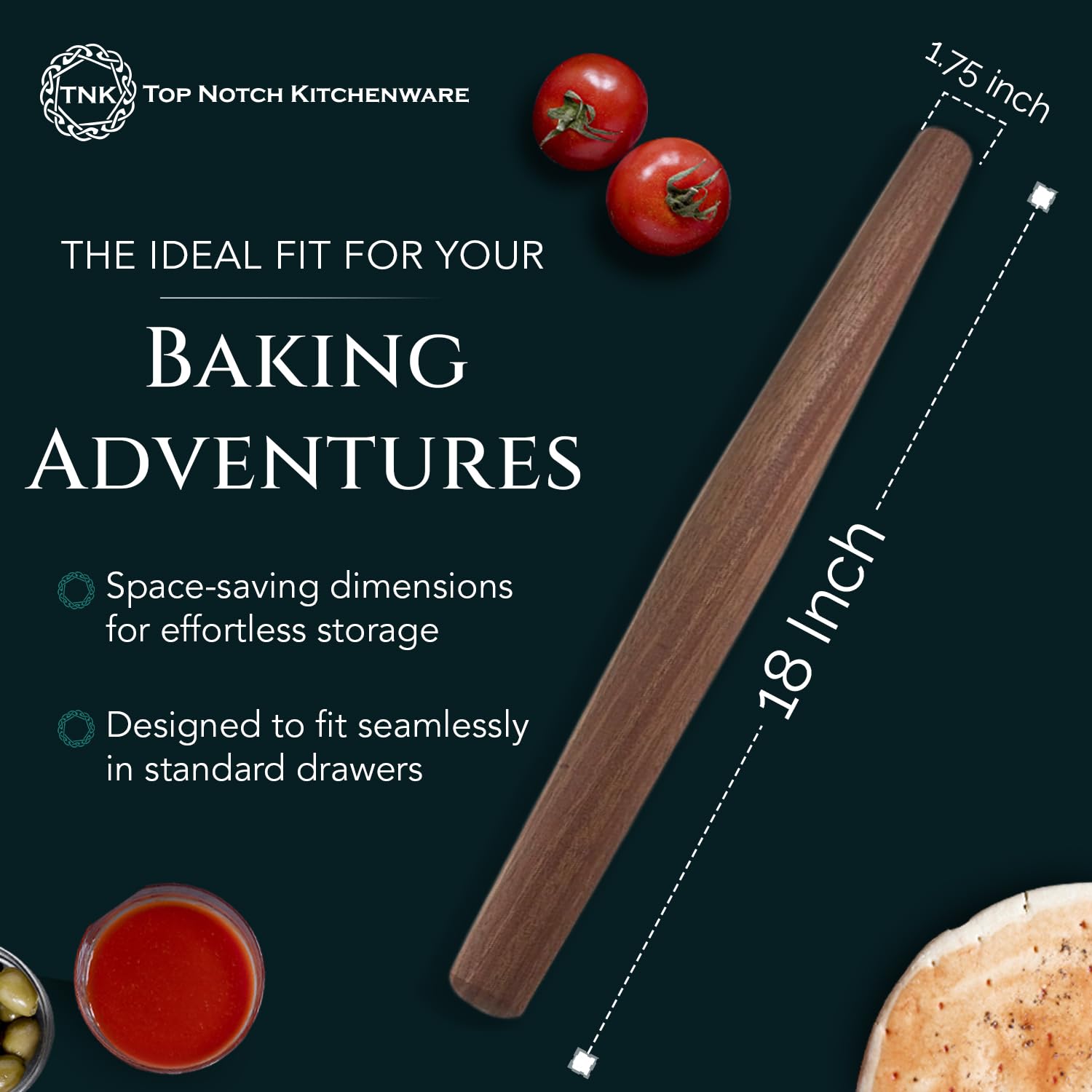 Top Notch Kitchenware Mahogany French Rolling Pin | Non-Stick Kitchen Tool | Tapered Solid Wood Design for Precise Bakin | Ideal for Professional & Home Bakers