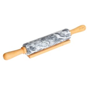 chefmade 18-inch marble rolling pin with wooden handles and cradle, non-stick (gray and white)