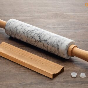 CHEFMADE 18-Inch Marble Rolling Pin with Wooden Handles and Cradle, Non-Stick (Gray and White)