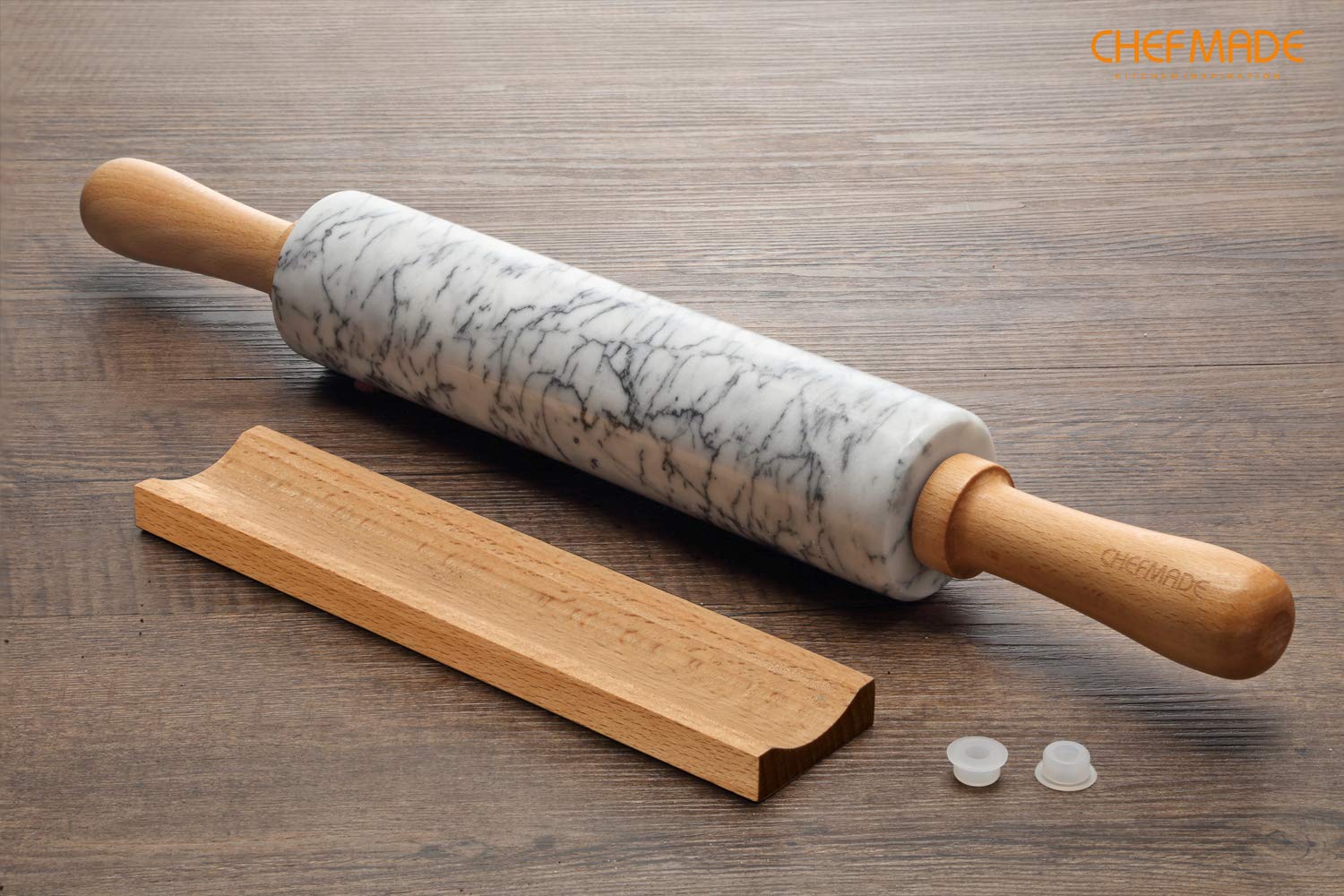 CHEFMADE 18-Inch Marble Rolling Pin with Wooden Handles and Cradle, Non-Stick (Gray and White)