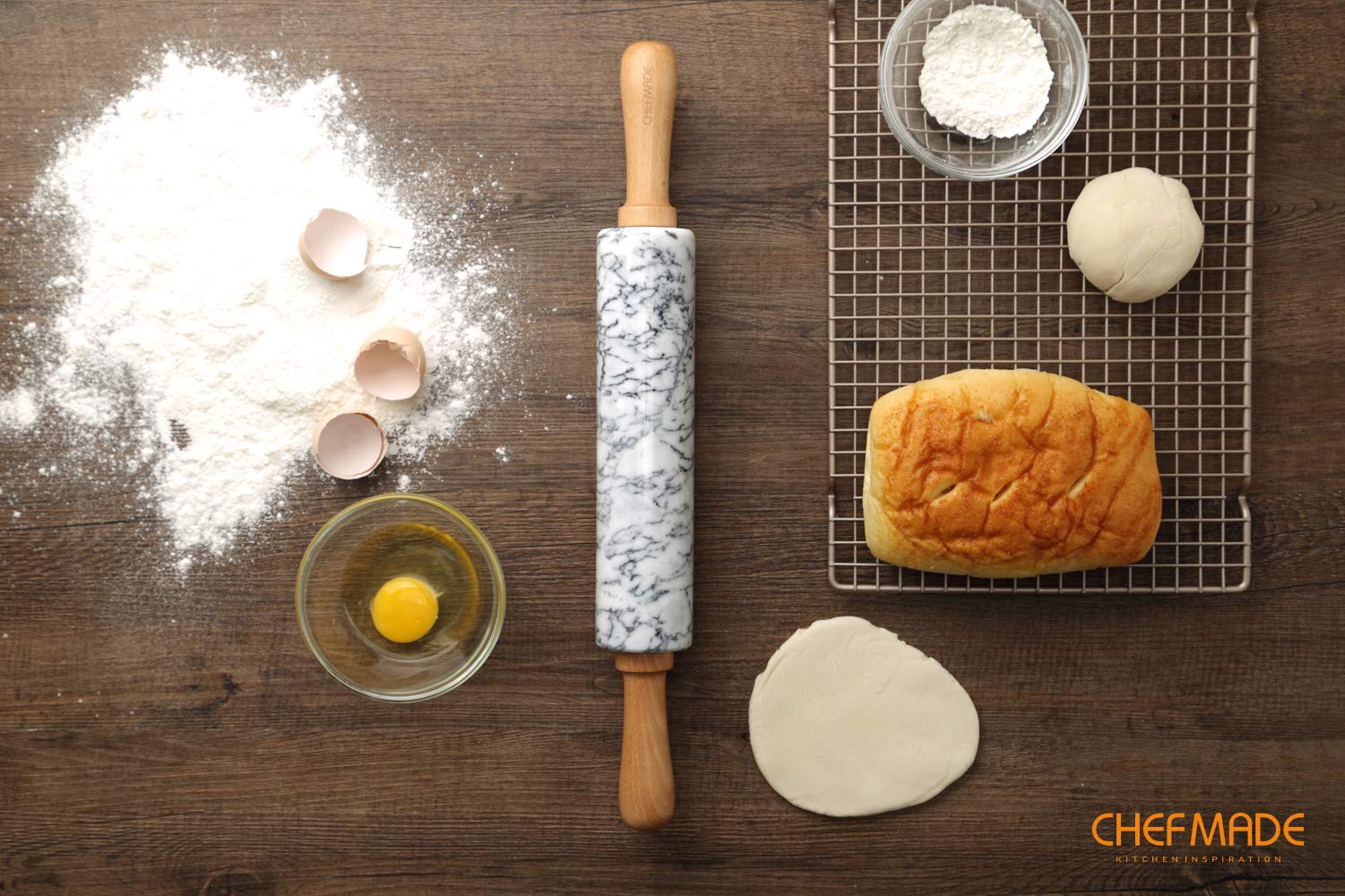 CHEFMADE 18-Inch Marble Rolling Pin with Wooden Handles and Cradle, Non-Stick (Gray and White)