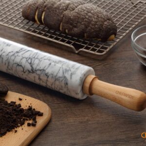 CHEFMADE 18-Inch Marble Rolling Pin with Wooden Handles and Cradle, Non-Stick (Gray and White)