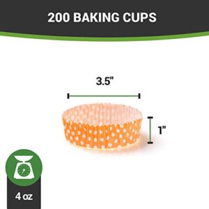 Restaurantware Panificio Premium 3.5 In, 4 Ounce Baking Cups: Regular-Ridged Round Paper Baking Cups for Muffins, Cupcakes or Mini Snacks - Hot Orange Polka Dot Print Design - Disposable - 200ct Box